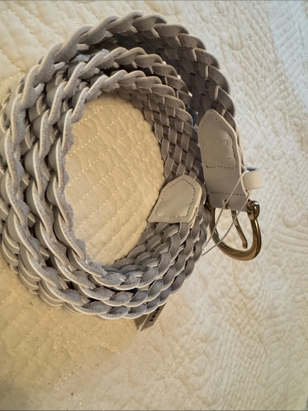 Braided White Leather Belt with Gold Buckle